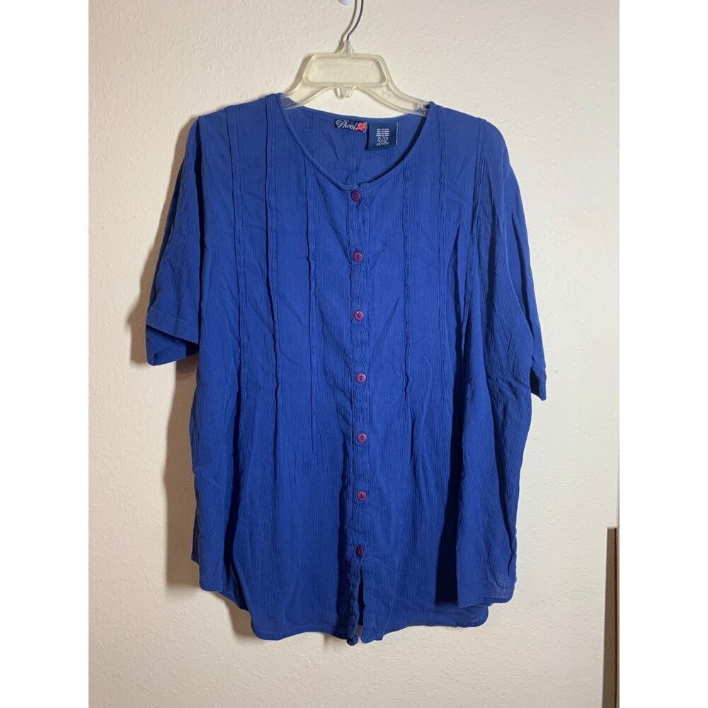 Vintage Phool Blouse Cotton Button Up Granny Blue Cottage Smock Women's Size XL